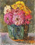 Floris Verster Stillife with zinnias in a ginger pot. oil